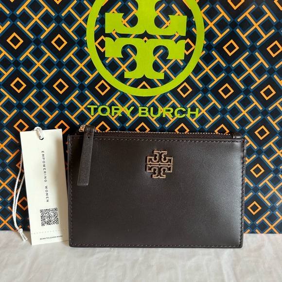 Tory Burch Britten Soft Zip Card Case Mini Wallet Dark Mahogany Gold Brown - Picture 1 of 7